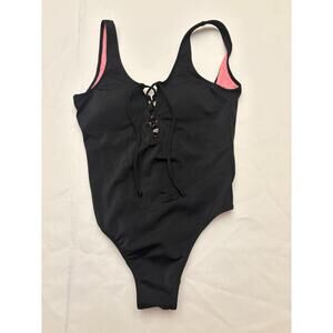Pink Victorias Secret Bathing Suit Black One Piece Corset Detail Front Size XS
